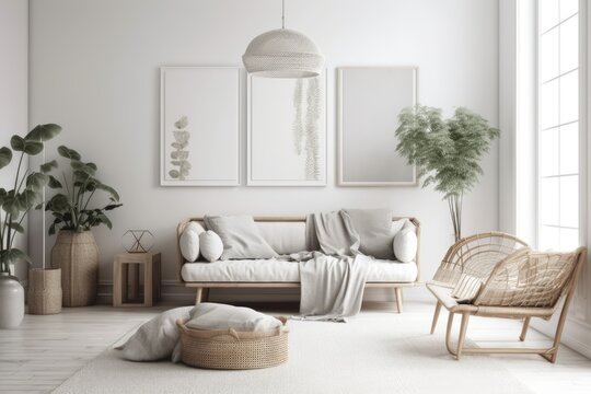 White living room wall. Scandi boho interior mockup. Free copy space for your image, text, or design. Plants, sofa. Generative AI