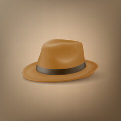 Vector 3d Realistic Brown Vintage Classic Gentleman Hat, Cap Icon Closeup. Front, Half Turn View. Mens Unisex Hat Design Template. Vector Illustration