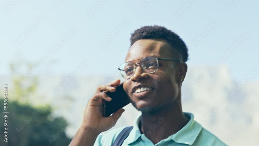 Poster hello, black man and phone call in a city walking, talking and happy while discussing negotiation. s