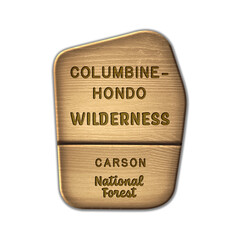 Columbine-Hondo National Wilderness, Carson National Forest wood sign illustration on transparent background