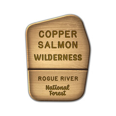 Copper Salmon National Wilderness, Rogue River National Forest wood sign illustration on transparent background