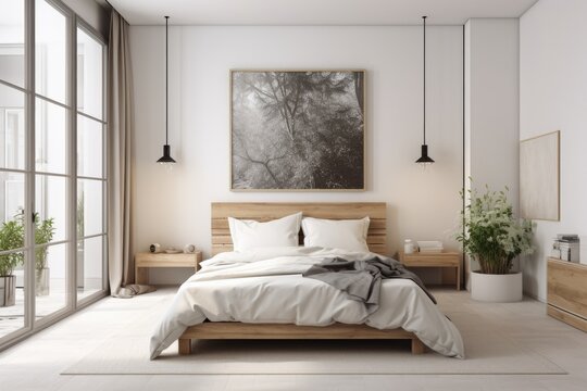 A vertically framed poster is seen on a wall in the foreground of this side view of a white bedroom interior with a panoramic window, a double bed, and other furnishings. Generative AI