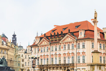 Facade of the house of classical European architecture of the old cozy tourist city. Background