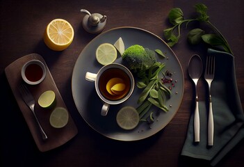 Obraz na płótnie Canvas a plate of vegetables and a cup of green tea on a table with utensils and a napkin on the side of the plate. generative ai