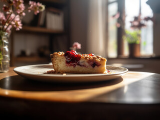 A piece of Cherry Pie decorated on a white porcelain plate standing on a massive wooden table with blurry summer flowers in the background, made using Generative AI