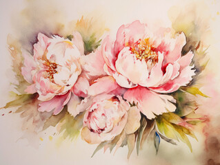 Bouquet of pink flowers. Watercolor illustration. Generative AI art