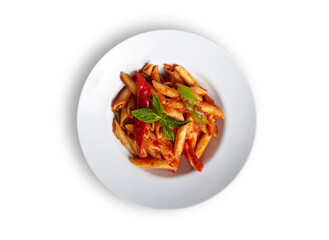 Penne Arrabbiata Pasta With Tomato Sauce on White Plate Isolated White Background Aerial View