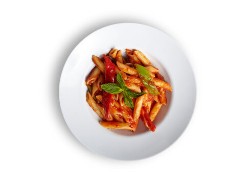 Penne Arrabbiata Pasta With Tomato Sauce on White Plate Isolated White Background Aerial View