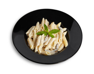 Penne Alfredo Pasta on Black Plate Isolated White Background
