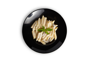 Penne Alfredo Pasta on Black Plate Isolated White Background