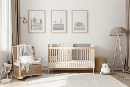 Interior side view of a nursery featuring a crib, a chair, and a bedside table. On the wall, there are three vertically framed posters. a mockup. Generative AI