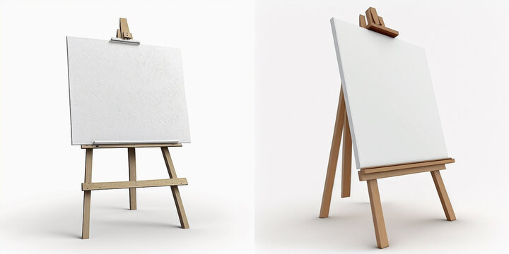 illustration of a wooden easel with an empty sheet of white paper on a white background