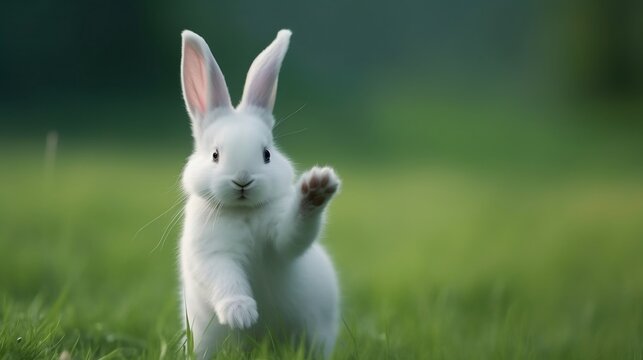 A white rabbit with ears sticking out is half standing and waving in the green grass field, Generative AI.