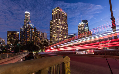 Downtown Los Angeles at Blue Hour with Traffic Light Trail