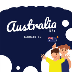 Australia independence day vector illustration with a boy and his mom waving the national flag.