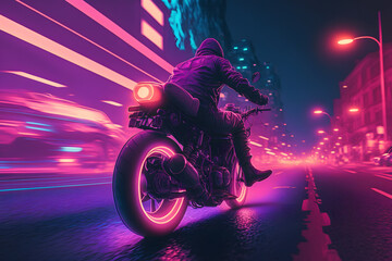 Naklejka na ściany i meble Futuristic biker on a retrowave sunset with a glitch and high-speed effect. Neural network AI generated art