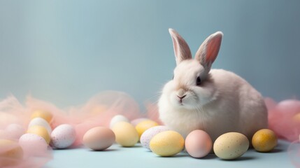 A white rabbit is sitting next to colored eggs, in the style of subtle pastel tones, Generative AI.