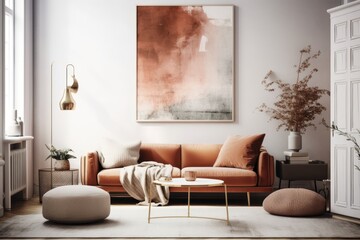 Interior of a Scandinavian apartment with a cozy couch. Generative AI
