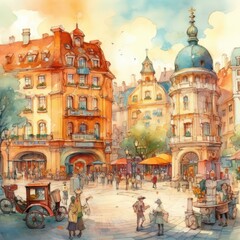 Fototapeta na wymiar A Watercolor Lively City Square Generative Ai