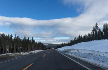 Winter country road to Trondheim, Norway. View from car driver