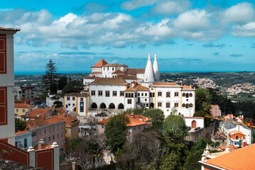 Sintra, Lisboa, Portugal. April 10, 2022: Panoramic landscape of the national palace of sintra and...