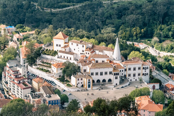 Sintra, Lisboa, Portugal. April 10, 2022: Panoramic landscape of the national palace of sintra and blue sky.