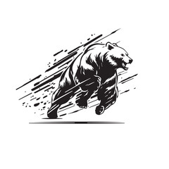 Angry running grizzly bear mascot. black white line art vector illustration