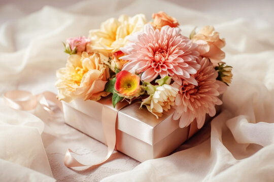 Bouquet of various flowers lies on a festive box with satin ribbon, light background. Festive composition for Mother's Day, birthday, wedding