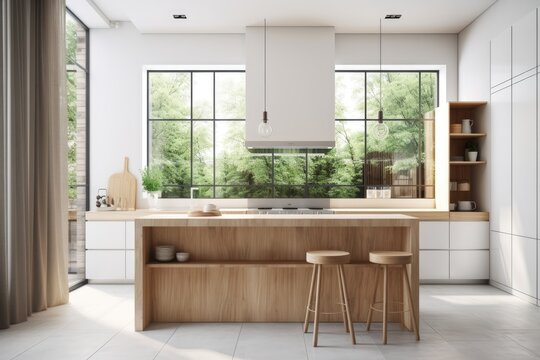 Wooden counter with a white kitchen interior and a large window in the backdrop. product display mockup copy space. Generative AI