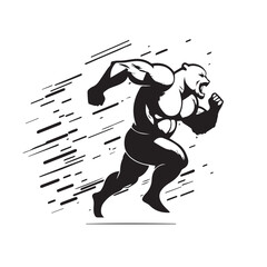 Angry running grizzly bear mascot. black white line art vector illustration