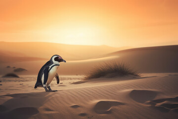 The penguin walking in the desert,looking for water and food, a metaphor for the loneliness and helplessness of animals in the face of climate change and global warming,Generative AI