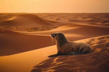 Foto auf Alu-Dibond The seal in the desert, a metaphor for the loneliness and helplessness of animals in the face of climate change and global warming,Generative AI © SnapVault