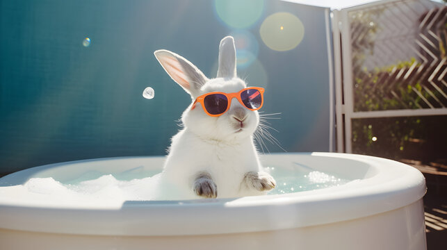 A cute white rabbit wearing sunglasses and sitting in a hot tub with bubbles. Cute eared bunny easter bunny banner. Easter rabbit. Generative AI