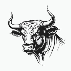 Angry head face mascot of bull buffalo portrait. black white line art vector illustration