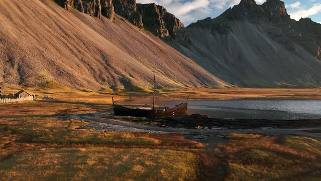 Aerial view of a Viking village along the lake in Austurland, Iceland.
