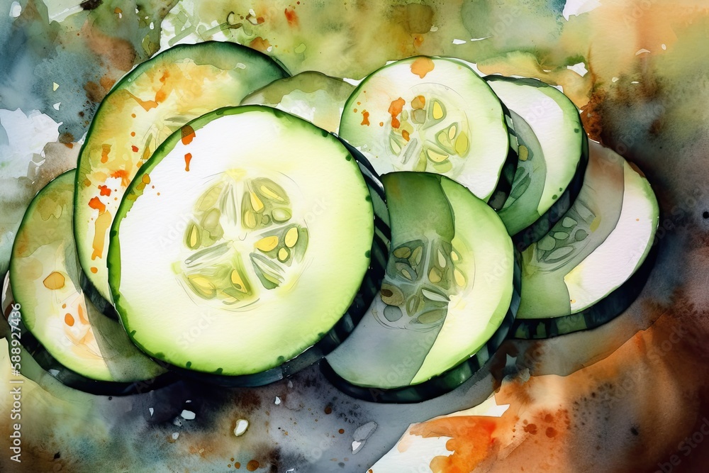 Poster illustration of sliced cucumbers arranged on a table. generative ai