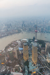Evening aerial view of central Shanghai with Huangpu river, China