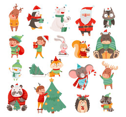 Christmas Characters with Animals Wearing Knitted Scarf and Sweater and Santa Claus Big Vector Set