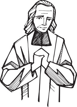 Hand drawn illustration of  St. John Vianney.Hand drawn illustration of
