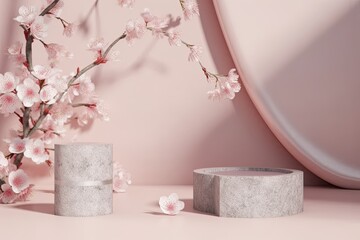 illustration for 3d background stone podium pastel pink display with cherry blossom flower branch product promotion beauty cosmetics pedestal studio minimal showcase banner mock up with copy space