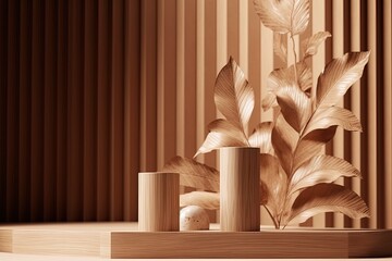 illustration for 3d background wood podium display set nature brown and beige colors product promotion beauty cosmetic natural wooden stand with leaf shadow studio empty minimal 3d render