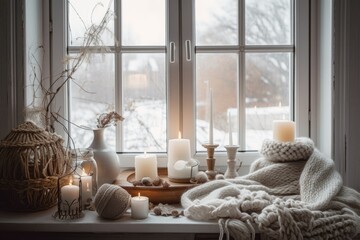 Wintery, springy background in white monochrome with candles on windowsill board, knitted scarf, dream catcher, and. Christmastime, tranquility, and relaxation at home. Generative AI