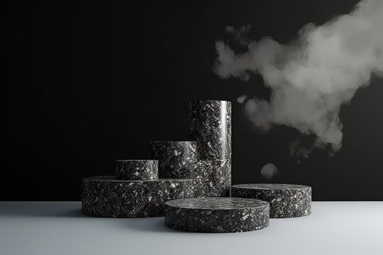 illustration for 3d black terrazzo rock pedestal podium set gray abstract studio background for cosmetics or beauty product presentation with flying cloud grey stone showcase podium levitating 