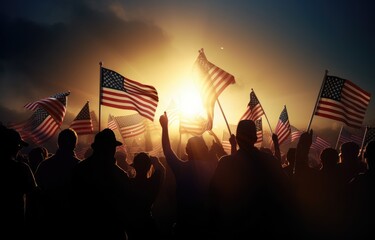 American flags are waving on stage with people silhouettes. Generative AI