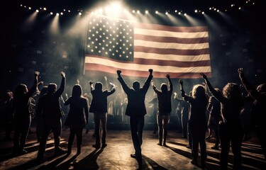 Fototapeta premium American flags are waving on stage with people silhouettes. Generative AI