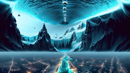 The big ice cave with snow background. Generative AI