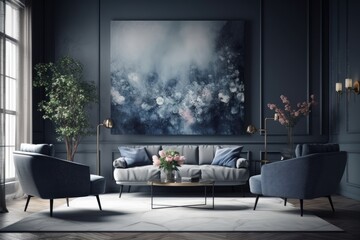 Interior of a living room in grey and navy blue with a cozy sofa and chairs. Generative AI