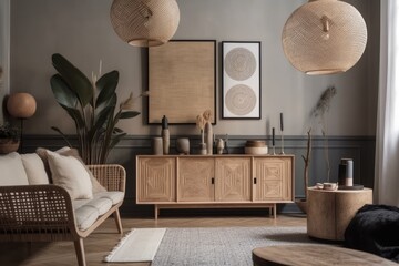 Modern beige living room with mock up structural painting, beige wooden sideboard, and boho inspired decorations. Copies. Template. Generative AI