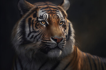 A close-up of the tiger's head, which fascinates with its majestic appearance and magnetism. This photo conveys the inner essence of the tiger, its dangerous beauty and natural magic