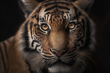 A close-up of the tiger's head, which fascinates with its majestic appearance and magnetism. This photo conveys the inner essence of the tiger, its dangerous beauty and natural magic